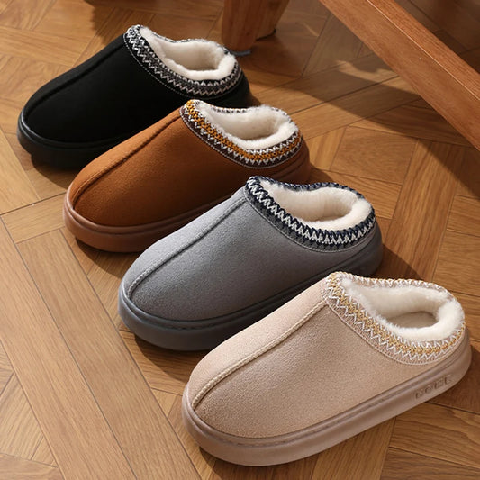 Unisex Fluffy Platform Slippers – Cozy, Non-Slip Winter Cotton Shoes for Home Comfort